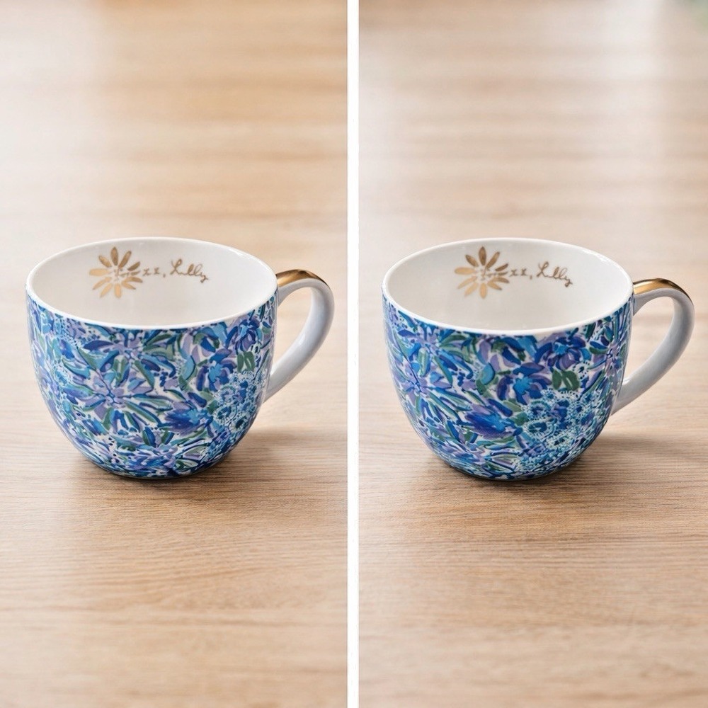 Lilly Pulitzer Floral Coffee Cups Set of 2 Gold Handle Blue Green Tea Mugs